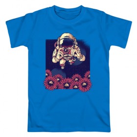 Мужская футболка хлопок с принтом Космонавт с Фотоаппаратом в Екатеринбурге, 100% хлопок | прямой крой, круглый вырез горловины, длина до линии бедер, слегка спущенное плечо. | nasa | астронавт | космонавт | космос | наса | с цветами | фото | фотограф | цветы