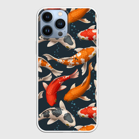 Чехол для iPhone 13 Pro Max с принтом Карпы кои в Екатеринбурге,  |  | carp | fish | koi | белые | вода | волны | графика | золотая | иллюстрация | карпы | картинка | кои | косяк | красные | мода | молодежная | оранжевые | орнамент | плеск | плывут | природа | пузыри | пятна