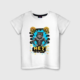 Детская футболка хлопок с принтом Hey! I`m a cat! в Екатеринбурге, 100% хлопок | круглый вырез горловины, полуприлегающий силуэт, длина до линии бедер | абстракция | голова кошки | звездочки | звезды | кошачьи глаза | кошка | психоделика | трэш | человеческое тело | череп | эй | я кот