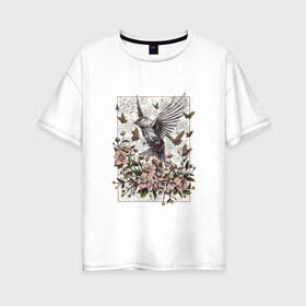 Женская футболка хлопок Oversize с принтом Птица и бабочки в Екатеринбурге, 100% хлопок | свободный крой, круглый ворот, спущенный рукав, длина до линии бедер
 | абстракция | арт | бабочки | весенняя | калибри | картина | легкость | минимализм | природа | птица | свежесть | светлая | цветы
