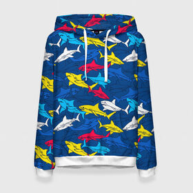 Женская толстовка 3D с принтом Акулы в Екатеринбурге, 100% полиэстер  | двухслойный капюшон со шнурком для регулировки, мягкие манжеты на рукавах и по низу толстовки, спереди карман-кенгуру с мягким внутренним слоем. | blue | drawin | fashion | fish | illustration | ocean | predator | red | sea | sharks | style | water | yellow | youth | акулы | вода | графика | жёлтый | иллюстрация | картинка | красный | мода | молодежная | море | океан | рисунок | рыба | син