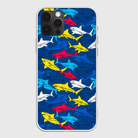Чехол для iPhone 12 Pro с принтом Акулы в Екатеринбурге, силикон | область печати: задняя сторона чехла, без боковых панелей | blue | drawin | fashion | fish | illustration | ocean | predator | red | sea | sharks | style | water | yellow | youth | акулы | вода | графика | жёлтый | иллюстрация | картинка | красный | мода | молодежная | море | океан | рисунок | рыба | син