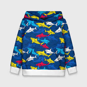 Детская толстовка 3D с принтом Акулы в Екатеринбурге, 100% полиэстер | двухслойный капюшон со шнурком для регулировки, мягкие манжеты на рукавах и по низу толстовки, спереди карман-кенгуру с мягким внутренним слоем | Тематика изображения на принте: blue | drawin | fashion | fish | illustration | ocean | predator | red | sea | sharks | style | water | yellow | youth | акулы | вода | графика | жёлтый | иллюстрация | картинка | красный | мода | молодежная | море | океан | рисунок | рыба | син