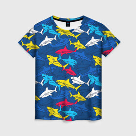 Женская футболка 3D с принтом Акулы в Екатеринбурге, 100% полиэфир ( синтетическое хлопкоподобное полотно) | прямой крой, круглый вырез горловины, длина до линии бедер | blue | drawin | fashion | fish | illustration | ocean | predator | red | sea | sharks | style | water | yellow | youth | акулы | вода | графика | жёлтый | иллюстрация | картинка | красный | мода | молодежная | море | океан | рисунок | рыба | син