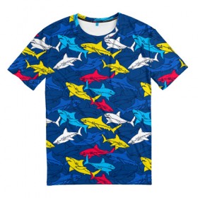 Мужская футболка 3D с принтом Акулы в Екатеринбурге, 100% полиэфир | прямой крой, круглый вырез горловины, длина до линии бедер | blue | drawin | fashion | fish | illustration | ocean | predator | red | sea | sharks | style | water | yellow | youth | акулы | вода | графика | жёлтый | иллюстрация | картинка | красный | мода | молодежная | море | океан | рисунок | рыба | син