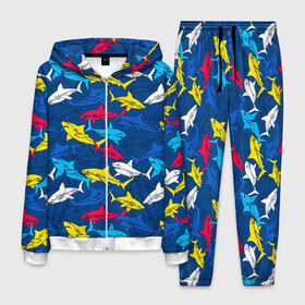 Мужской костюм 3D с принтом Акулы в Екатеринбурге, 100% полиэстер | Манжеты и пояс оформлены тканевой резинкой, двухслойный капюшон со шнурком для регулировки, карманы спереди | blue | drawin | fashion | fish | illustration | ocean | predator | red | sea | sharks | style | water | yellow | youth | акулы | вода | графика | жёлтый | иллюстрация | картинка | красный | мода | молодежная | море | океан | рисунок | рыба | син