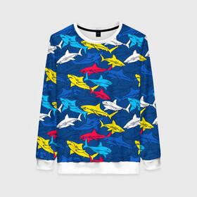 Женский свитшот 3D с принтом Акулы в Екатеринбурге, 100% полиэстер с мягким внутренним слоем | круглый вырез горловины, мягкая резинка на манжетах и поясе, свободная посадка по фигуре | blue | drawin | fashion | fish | illustration | ocean | predator | red | sea | sharks | style | water | yellow | youth | акулы | вода | графика | жёлтый | иллюстрация | картинка | красный | мода | молодежная | море | океан | рисунок | рыба | син