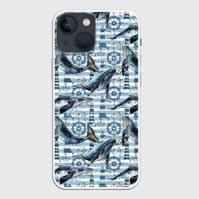 Чехол для iPhone 13 mini с принтом Киты в Екатеринбурге,  |  | animals | lighthouse | ocean | s | sea | steering wheel | vest | water | whales | вода | графика | животные | иллюстрация | картинка | киты | маяк | мода | молодежная | море | океан | полосы | рисунок | синий | стиль | тельняшка | фон