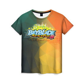 Женская футболка 3D с принтом beyblade логотип в Екатеринбурге, 100% полиэфир ( синтетическое хлопкоподобное полотно) | прямой крой, круглый вырез горловины, длина до линии бедер | beyblade | beyblade burst | tomy beyblade | бейблэйд бердс | бейблэйд берст