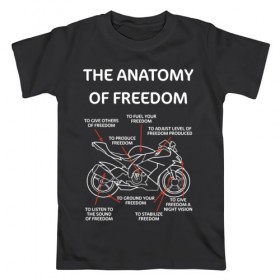 Мужская футболка хлопок с принтом The anatomy of freedom в Екатеринбурге, 100% хлопок | прямой крой, круглый вырез горловины, длина до линии бедер, слегка спущенное плечо. | Тематика изображения на принте: анатомия | байкер | колёса | мотоцикл | свобода | скорость | схема