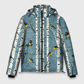 Мужская зимняя куртка 3D с принтом Синички на берёзах в Екатеринбурге, верх — 100% полиэстер; подкладка — 100% полиэстер; утеплитель — 100% полиэстер | длина ниже бедра, свободный силуэт Оверсайз. Есть воротник-стойка, отстегивающийся капюшон и ветрозащитная планка. 

Боковые карманы с листочкой на кнопках и внутренний карман на молнии. | Тематика изображения на принте: bir | birds | branches | fly | sit | tits | акварель | берёзы | ветки | графика | зима | идёт | иллюстрация | картинка | кузнечик | летят | мода | молодежная | мороз | новый год | птицы | рисунок | рождество | сидят | синий