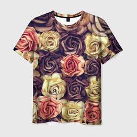 Мужская футболка 3D с принтом Шоколадные розы в Екатеринбурге, 100% полиэфир | прямой крой, круглый вырез горловины, длина до линии бедер | бабушке | девочке | девушке | дочке | желтые цветы | женщине | маме | подруге | природа | розовые цветы | розы | сестре | теще | тюльпаны | цветы