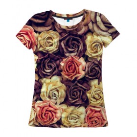 Женская футболка 3D с принтом Шоколадные розы в Екатеринбурге, 100% полиэфир ( синтетическое хлопкоподобное полотно) | прямой крой, круглый вырез горловины, длина до линии бедер | бабушке | девочке | девушке | дочке | желтые цветы | женщине | маме | подруге | природа | розовые цветы | розы | сестре | теще | тюльпаны | цветы