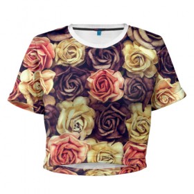 Женская футболка 3D укороченная с принтом Шоколадные розы в Екатеринбурге, 100% полиэстер | круглая горловина, длина футболки до линии талии, рукава с отворотами | бабушке | девочке | девушке | дочке | желтые цветы | женщине | маме | подруге | природа | розовые цветы | розы | сестре | теще | тюльпаны | цветы