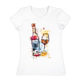 Женская футболка хлопок с принтом Винишко арт в Екатеринбурге, 100% хлопок | прямой крой, круглый вырез горловины, длина до линии бедер, слегка спущенное плечо | акварель | бокал | бутылка | вино | винцо | грусть | краски | одна