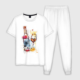 Мужская пижама хлопок с принтом Винишко арт в Екатеринбурге, 100% хлопок | брюки и футболка прямого кроя, без карманов, на брюках мягкая резинка на поясе и по низу штанин
 | акварель | бокал | бутылка | вино | винцо | грусть | краски | одна