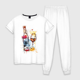 Женская пижама хлопок с принтом Винишко арт в Екатеринбурге, 100% хлопок | брюки и футболка прямого кроя, без карманов, на брюках мягкая резинка на поясе и по низу штанин | акварель | бокал | бутылка | вино | винцо | грусть | краски | одна
