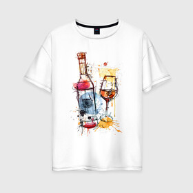 Женская футболка хлопок Oversize с принтом Винишко арт в Екатеринбурге, 100% хлопок | свободный крой, круглый ворот, спущенный рукав, длина до линии бедер
 | акварель | бокал | бутылка | вино | винцо | грусть | краски | одна
