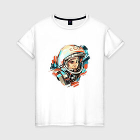 Женская футболка хлопок с принтом Гагарин в Екатеринбурге, 100% хлопок | прямой крой, круглый вырез горловины, длина до линии бедер, слегка спущенное плечо | Тематика изображения на принте: 12 апреля | астронавт | вселенная | день космонавтики | звезды | космонавт | космос | луна | планета | поехали | полет | ссср | юрий