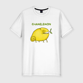 Мужская футболка премиум с принтом Chamelemon в Екатеринбурге, 92% хлопок, 8% лайкра | приталенный силуэт, круглый вырез ворота, длина до линии бедра, короткий рукав | веточка | желтый | животные | земноводное | зоопарк | игра слов | кислый | лайм | лимон | лимончик | овощ | природа | фрукт | хамелеон | яркий