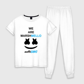 Женская пижама хлопок с принтом Marshmello (MELLOGANG) в Екатеринбурге, 100% хлопок | брюки и футболка прямого кроя, без карманов, на брюках мягкая резинка на поясе и по низу штанин | christopher comstock | dj | marshmello | mellogang | music | диджей | клубная музыка | клубняк | крис комсток | логотип | маршмеллоу | музыка