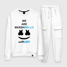 Женский костюм хлопок с принтом Marshmello (MELLOGANG) в Екатеринбурге, 100% хлопок | на свитшоте круглая горловина, мягкая резинка по низу. Брюки заужены к низу, на них два вида карманов: два 