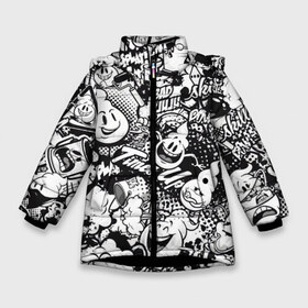 Зимняя куртка для девочек 3D с принтом Черно-Белое Граффити в Екатеринбурге, ткань верха — 100% полиэстер; подклад — 100% полиэстер, утеплитель — 100% полиэстер. | длина ниже бедра, удлиненная спинка, воротник стойка и отстегивающийся капюшон. Есть боковые карманы с листочкой на кнопках, утяжки по низу изделия и внутренний карман на молнии. 

Предусмотрены светоотражающий принт на спинке, радужный светоотражающий элемент на пуллере молнии и на резинке для утяжки. | Тематика изображения на принте: street art | арт | банка | белый | кисти | краска | надпись | роспись | стена | стикербомбинг | улица | черный