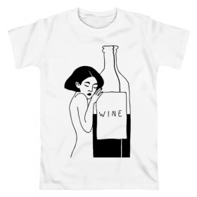 Мужская футболка хлопок с принтом Девушка с бутылкой вина в Екатеринбурге, 100% хлопок | прямой крой, круглый вырез горловины, длина до линии бедер, слегка спущенное плечо. | Тематика изображения на принте: белое | бутылка | вино | винцо | женщина | красное | обнимает | сухое