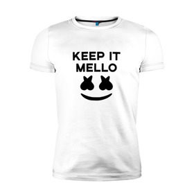 Мужская футболка премиум с принтом KEEP IT MELLO (Marshmello) в Екатеринбурге, 92% хлопок, 8% лайкра | приталенный силуэт, круглый вырез ворота, длина до линии бедра, короткий рукав | Тематика изображения на принте: christopher comstock | dj | keep it mello | marshmello | mello | music | диджей | клубная музыка | клубняк | крис комсток | логотип | маршмеллоу | музыка