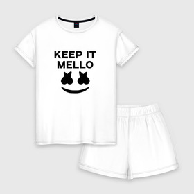 Женская пижама с шортиками хлопок с принтом KEEP IT MELLO (Marshmello) в Екатеринбурге, 100% хлопок | футболка прямого кроя, шорты свободные с широкой мягкой резинкой | Тематика изображения на принте: christopher comstock | dj | keep it mello | marshmello | mello | music | диджей | клубная музыка | клубняк | крис комсток | логотип | маршмеллоу | музыка