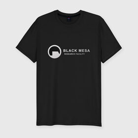 Мужская футболка премиум с принтом Black mesa logo в Екатеринбурге, 92% хлопок, 8% лайкра | приталенный силуэт, круглый вырез ворота, длина до линии бедра, короткий рукав | Тематика изображения на принте: black mesa | black mesa logo | research facility
