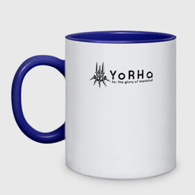Кружка двухцветная с принтом YoRHa Logo в Екатеринбурге, керамика | объем — 330 мл, диаметр — 80 мм. Цветная ручка и кайма сверху, в некоторых цветах — вся внутренняя часть | nier automata | nier automata logo | yorha