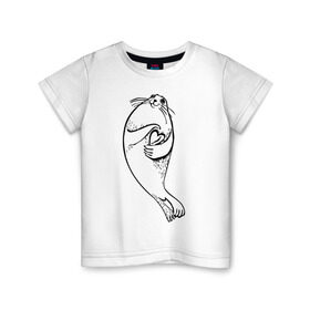 Детская футболка хлопок с принтом Нерпа Нина с Байкалом в Екатеринбурге, 100% хлопок | круглый вырез горловины, полуприлегающий силуэт, длина до линии бедер | baikal | irkutsk | байкал | иркутск | нерпа