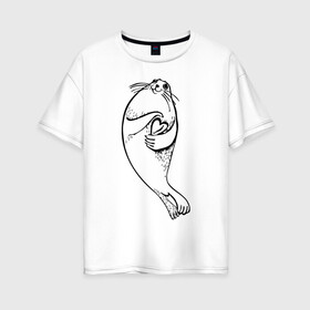 Женская футболка хлопок Oversize с принтом Нерпа Нина с Байкалом в Екатеринбурге, 100% хлопок | свободный крой, круглый ворот, спущенный рукав, длина до линии бедер
 | baikal | irkutsk | байкал | иркутск | нерпа