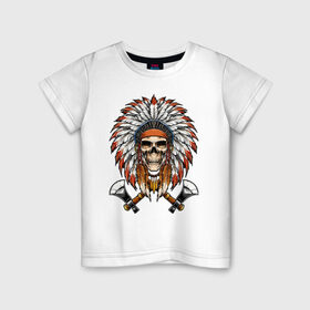 Детская футболка хлопок с принтом Индейский череп с топорами в Екатеринбурге, 100% хлопок | круглый вырез горловины, полуприлегающий силуэт, длина до линии бедер | Тематика изображения на принте: индейцы | куп | орёл | перья | роуч | скелет | томагавк | топор