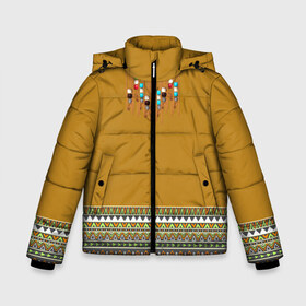 Зимняя куртка для мальчиков 3D с принтом индейское национальное платье в Екатеринбурге, ткань верха — 100% полиэстер; подклад — 100% полиэстер, утеплитель — 100% полиэстер | длина ниже бедра, удлиненная спинка, воротник стойка и отстегивающийся капюшон. Есть боковые карманы с листочкой на кнопках, утяжки по низу изделия и внутренний карман на молнии. 

Предусмотрены светоотражающий принт на спинке, радужный светоотражающий элемент на пуллере молнии и на резинке для утяжки | Тематика изображения на принте: ethno | indians | native american | ttibal | америка | индейцы | трибал | узор. орнамент | этника