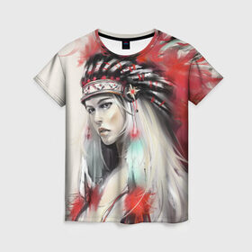Женская футболка 3D с принтом Индейская девушка в Екатеринбурге, 100% полиэфир ( синтетическое хлопкоподобное полотно) | прямой крой, круглый вырез горловины, длина до линии бедер | африка | индейцы | куп | перо | перья | этно
