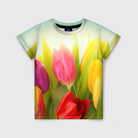 Детская футболка 3D с принтом Тюльпаны в Екатеринбурге, 100% гипоаллергенный полиэфир | прямой крой, круглый вырез горловины, длина до линии бедер, чуть спущенное плечо, ткань немного тянется | бабушке | девочке | девушке | дочке | желтые цветы | женщине | маме | подруге | природа | розовые цветы | розы | сестре | теще | тюльпаны | цветы