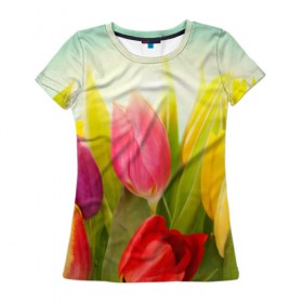 Женская футболка 3D с принтом Тюльпаны в Екатеринбурге, 100% полиэфир ( синтетическое хлопкоподобное полотно) | прямой крой, круглый вырез горловины, длина до линии бедер | бабушке | девочке | девушке | дочке | желтые цветы | женщине | маме | подруге | природа | розовые цветы | розы | сестре | теще | тюльпаны | цветы