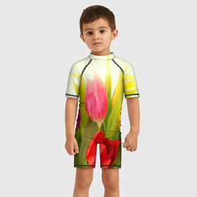 Детский купальный костюм 3D с принтом Тюльпаны в Екатеринбурге, Полиэстер 85%, Спандекс 15% | застежка на молнии на спине | бабушке | девочке | девушке | дочке | желтые цветы | женщине | маме | подруге | природа | розовые цветы | розы | сестре | теще | тюльпаны | цветы