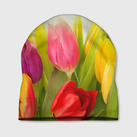 Шапка 3D с принтом Тюльпаны в Екатеринбурге, 100% полиэстер | универсальный размер, печать по всей поверхности изделия | бабушке | девочке | девушке | дочке | желтые цветы | женщине | маме | подруге | природа | розовые цветы | розы | сестре | теще | тюльпаны | цветы