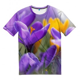 Мужская футболка 3D с принтом Фиолетовые цветы в Екатеринбурге, 100% полиэфир | прямой крой, круглый вырез горловины, длина до линии бедер | бабушке | девочке | девушке | дочке | желтые цветы | женщине | маме | подруге | природа | розовые цветы | розы | сестре | теще | тюльпаны | цветы