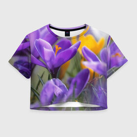 Женская футболка 3D укороченная с принтом Фиолетовые цветы в Екатеринбурге, 100% полиэстер | круглая горловина, длина футболки до линии талии, рукава с отворотами | бабушке | девочке | девушке | дочке | желтые цветы | женщине | маме | подруге | природа | розовые цветы | розы | сестре | теще | тюльпаны | цветы