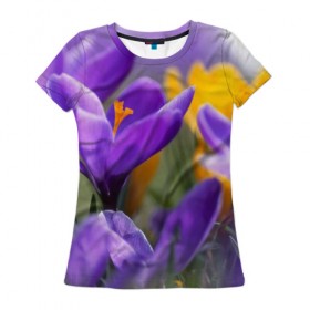 Женская футболка 3D с принтом Фиолетовые цветы в Екатеринбурге, 100% полиэфир ( синтетическое хлопкоподобное полотно) | прямой крой, круглый вырез горловины, длина до линии бедер | бабушке | девочке | девушке | дочке | желтые цветы | женщине | маме | подруге | природа | розовые цветы | розы | сестре | теще | тюльпаны | цветы
