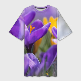 Платье-футболка 3D с принтом Фиолетовые цветы в Екатеринбурге,  |  | бабушке | девочке | девушке | дочке | желтые цветы | женщине | маме | подруге | природа | розовые цветы | розы | сестре | теще | тюльпаны | цветы