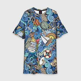 Детское платье 3D с принтом Морской коллаж в Екатеринбурге, 100% полиэстер | прямой силуэт, чуть расширенный к низу. Круглая горловина, на рукавах — воланы | mari | весло | волны | галька | графика | детский | иллюстрация | канат | карта | картинка | коллаж | компас | корабль | маяк | мода | море | морской | облако | океан | птица | рисунок | рыбы | солнце | стиль