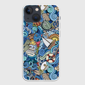 Чехол для iPhone 13 mini с принтом Морской коллаж в Екатеринбурге,  |  | mari | весло | волны | галька | графика | детский | иллюстрация | канат | карта | картинка | коллаж | компас | корабль | маяк | мода | море | морской | облако | океан | птица | рисунок | рыбы | солнце | стиль