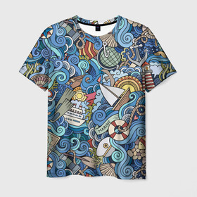 Мужская футболка 3D с принтом Морской коллаж в Екатеринбурге, 100% полиэфир | прямой крой, круглый вырез горловины, длина до линии бедер | mari | весло | волны | галька | графика | детский | иллюстрация | канат | карта | картинка | коллаж | компас | корабль | маяк | мода | море | морской | облако | океан | птица | рисунок | рыбы | солнце | стиль