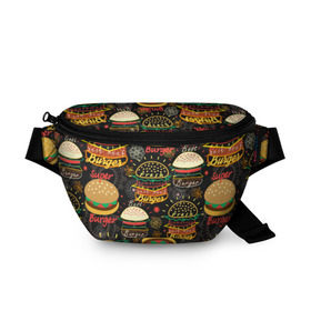 Поясная сумка 3D с принтом Гамбургеры в Екатеринбурге, 100% полиэстер | плотная ткань, ремень с регулируемой длиной, внутри несколько карманов для мелочей, основное отделение и карман с обратной стороны сумки застегиваются на молнию | hamburgers | sandwic | булочка | бутерброды | быстрая | гамбургер | гамбургеры | геометрический | графика | еда | зелень | иллюстрация | картинка | кунжут | мода | мясо | надпись | орнамент | рисунок | свежий