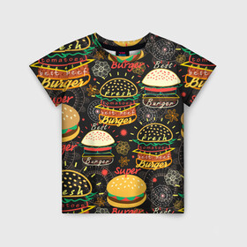 Детская футболка 3D с принтом Гамбургеры в Екатеринбурге, 100% гипоаллергенный полиэфир | прямой крой, круглый вырез горловины, длина до линии бедер, чуть спущенное плечо, ткань немного тянется | hamburgers | sandwic | булочка | бутерброды | быстрая | гамбургер | гамбургеры | геометрический | графика | еда | зелень | иллюстрация | картинка | кунжут | мода | мясо | надпись | орнамент | рисунок | свежий